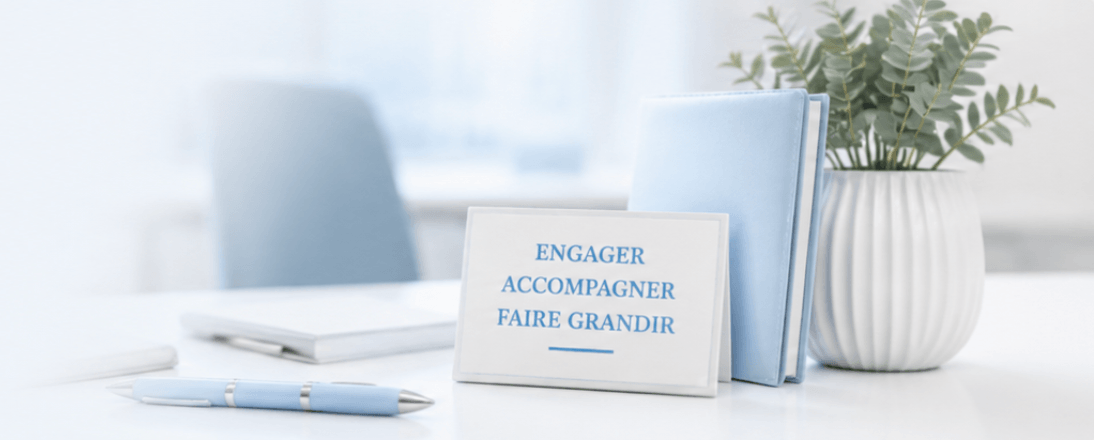 Carte « Engager, accompagner, faire grandir » sur un bureau